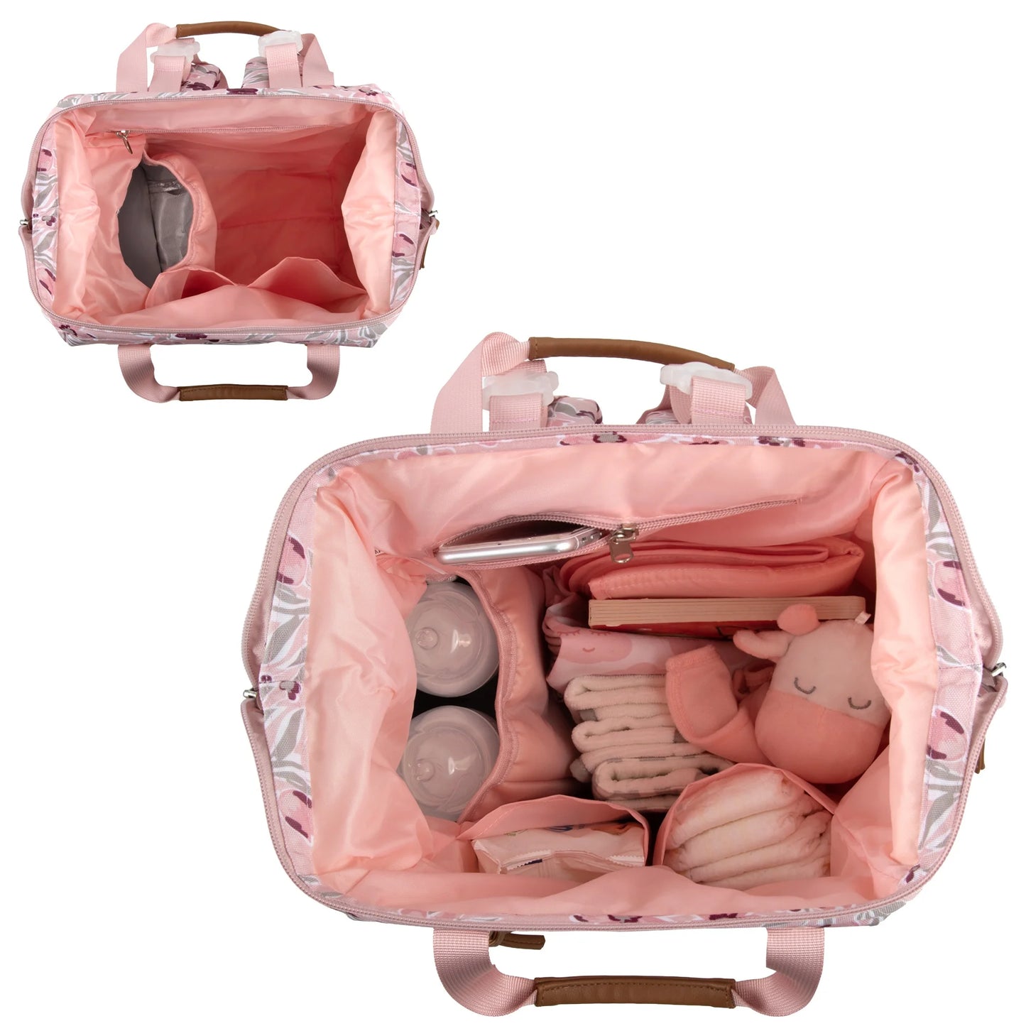 Super Cooler Main Frame Dual Zipper Closure Diaper Bag Backpack Tote with Matching 6-Ply Changing Pad, Insulated Bottle Pocket and Stroller Straps in Floral Rose
