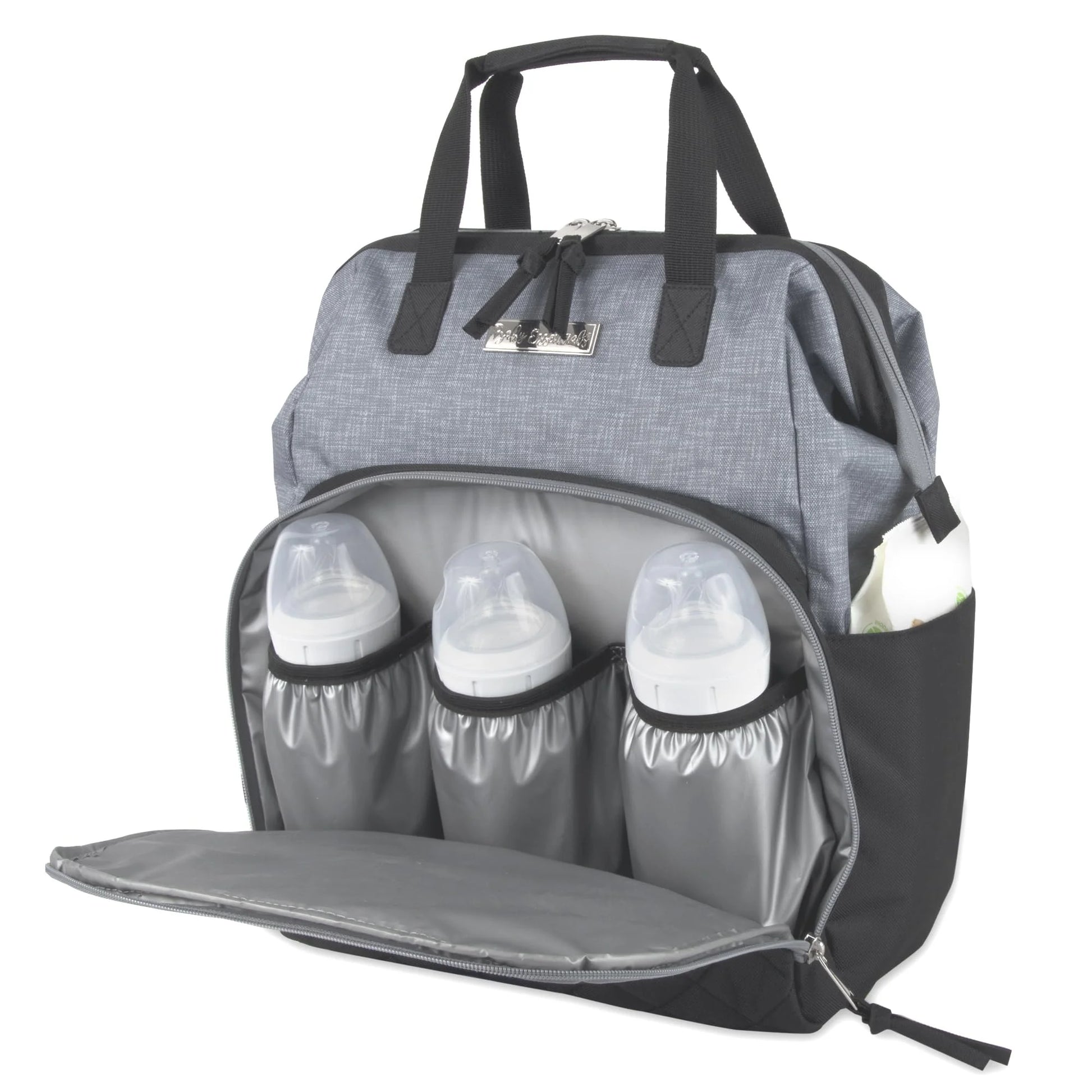 Super Cooler Main Frame Dual Zipper Closure Diaper Bag Backpack Tote with Matching 6-Ply Changing Pad, Insulated Bottle Pockets and Stroller Straps in Black & Gray