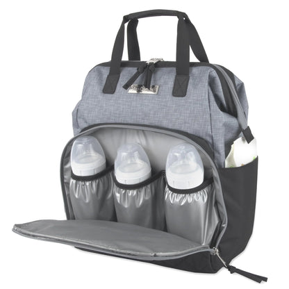 Super Cooler Main Frame Dual Zipper Closure Diaper Bag Backpack Tote with Matching 6-Ply Changing Pad, Insulated Bottle Pockets and Stroller Straps in Black & Gray