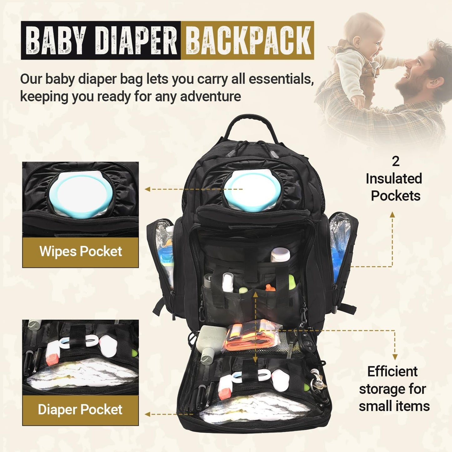 Diaper Bag Backpack with Diaper Changing Mat - Waterproof Military-Grade Baby Travel Bag - Spacious Design for Moms and Dads on the Go with Toddlers Baby Bag - Black