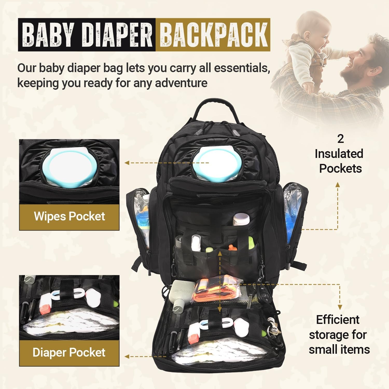 Diaper Bag Backpack with Diaper Changing Mat - Waterproof Military-Grade Baby Travel Bag - Spacious Design for Moms and Dads on the Go with Toddlers Baby Bag - Black