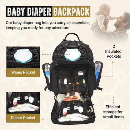Diaper Bag Backpack with Diaper Changing Mat - Waterproof Military-Grade Baby Travel Bag - Spacious Design for Moms and Dads on the Go with Toddlers Baby Bag - Black