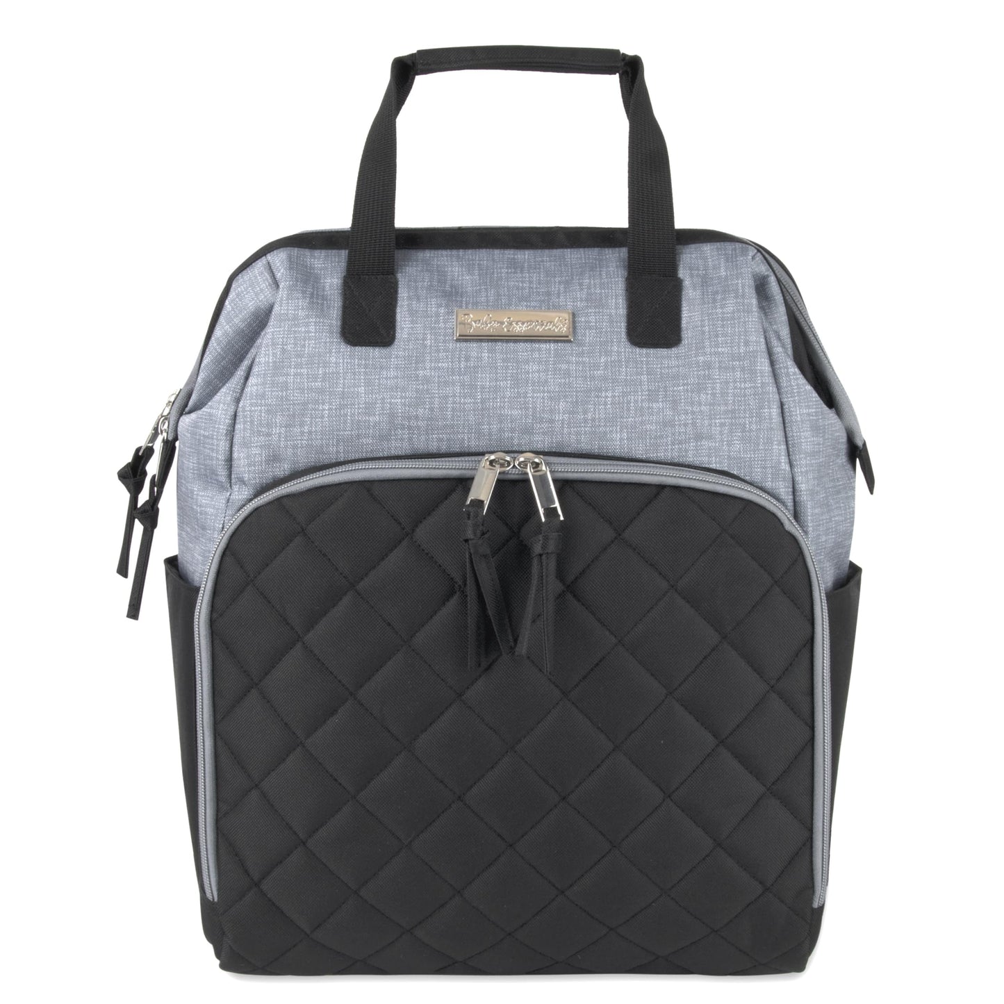 Super Cooler Main Frame Dual Zipper Closure Diaper Bag Backpack Tote with Matching 6-Ply Changing Pad, Insulated Bottle Pockets and Stroller Straps in Black & Gray