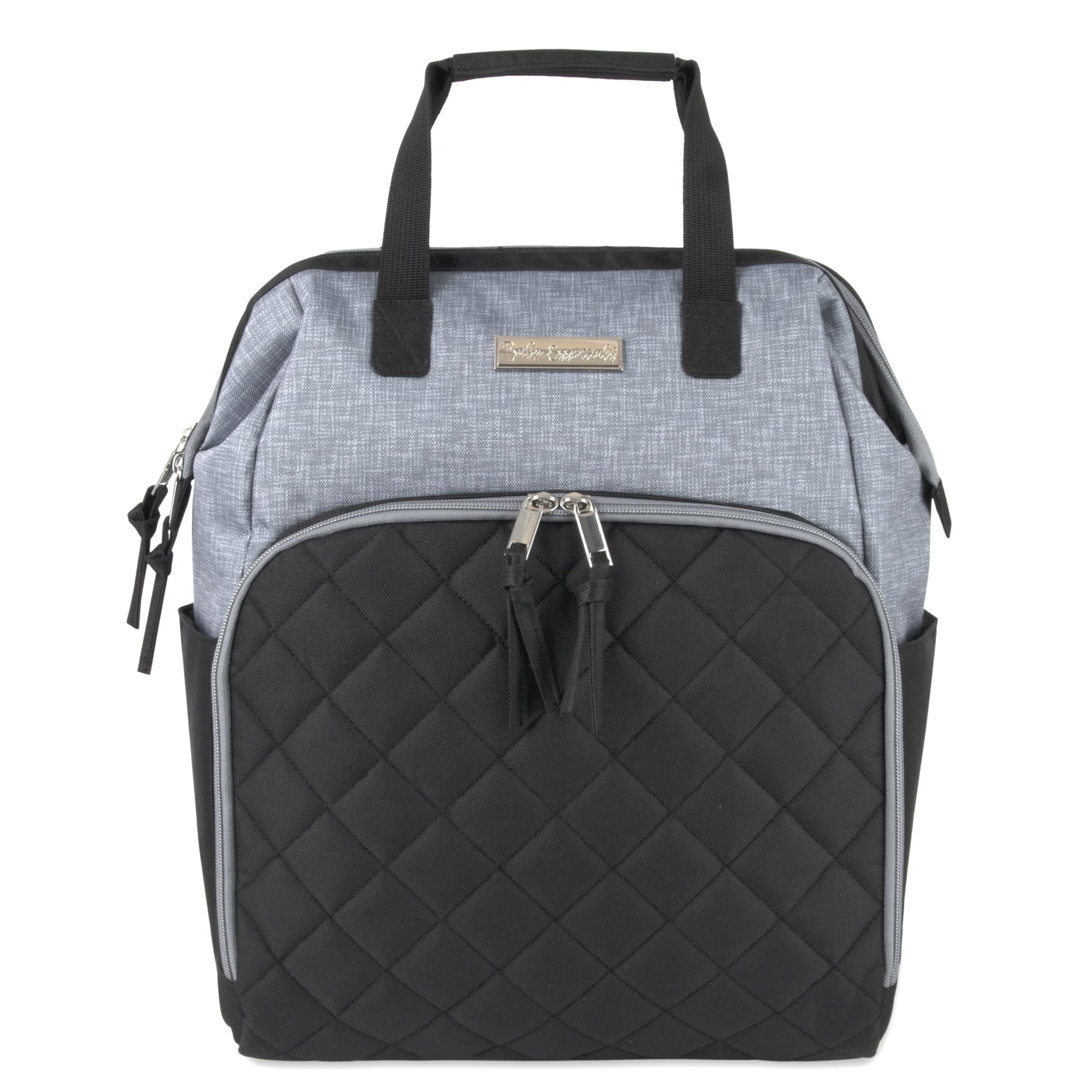 Super Cooler Main Frame Dual Zipper Closure Diaper Bag Backpack Tote with Matching 6-Ply Changing Pad, Insulated Bottle Pockets and Stroller Straps in Black & Gray