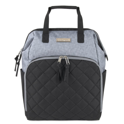 Super Cooler Main Frame Dual Zipper Closure Diaper Bag Backpack Tote with Matching 6-Ply Changing Pad, Insulated Bottle Pockets and Stroller Straps in Black & Gray