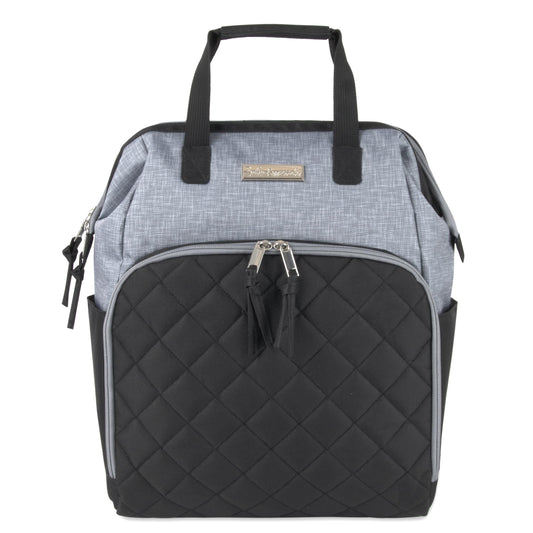 Super Cooler Main Frame Dual Zipper Closure Diaper Bag Backpack Tote with Matching 6-Ply Changing Pad, Insulated Bottle Pockets and Stroller Straps in Black & Gray