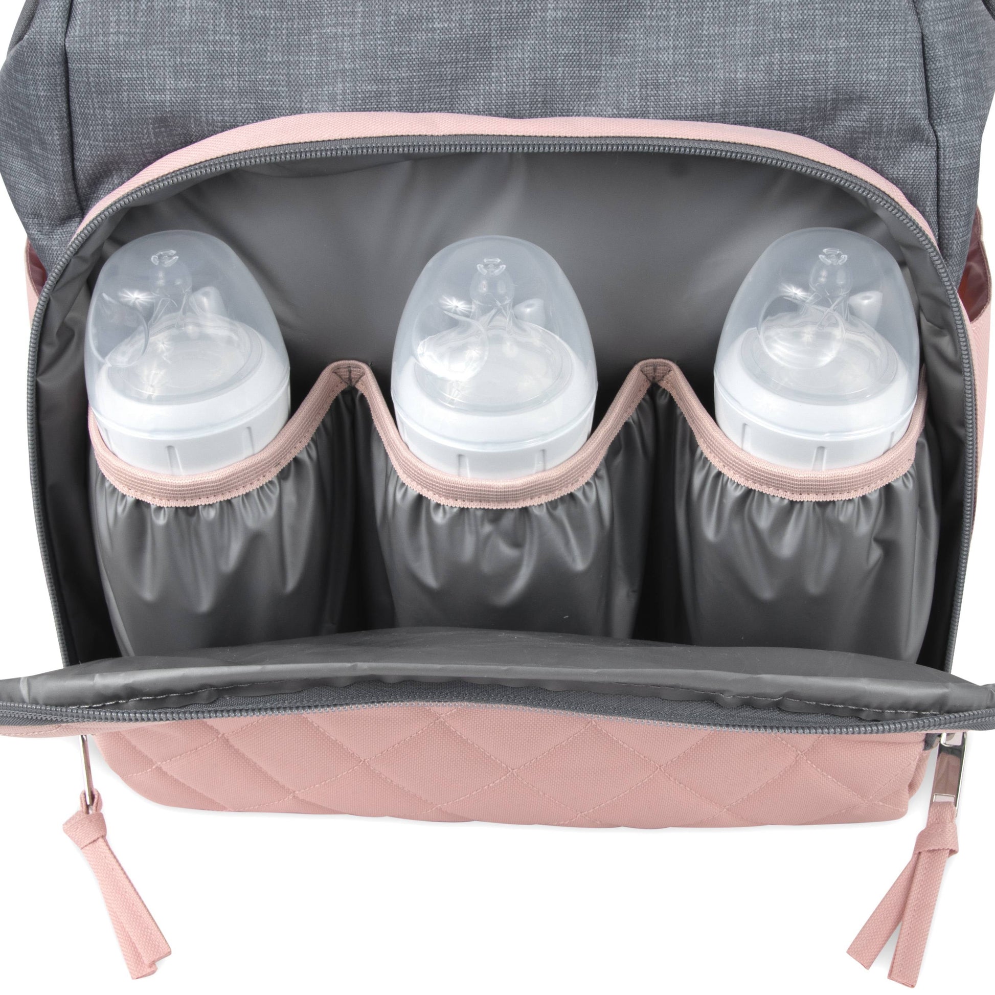 Super Cooler Main Frame Dual Zipper Closure Diaper Bag Backpack Tote with Matching 6-Ply Changing Pad, Insulated Bottle Pockets and Stroller Straps in Pink & Denim Blue