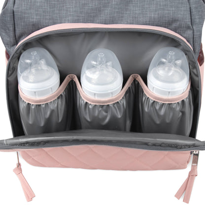 Super Cooler Main Frame Dual Zipper Closure Diaper Bag Backpack Tote with Matching 6-Ply Changing Pad, Insulated Bottle Pockets and Stroller Straps in Pink & Denim Blue