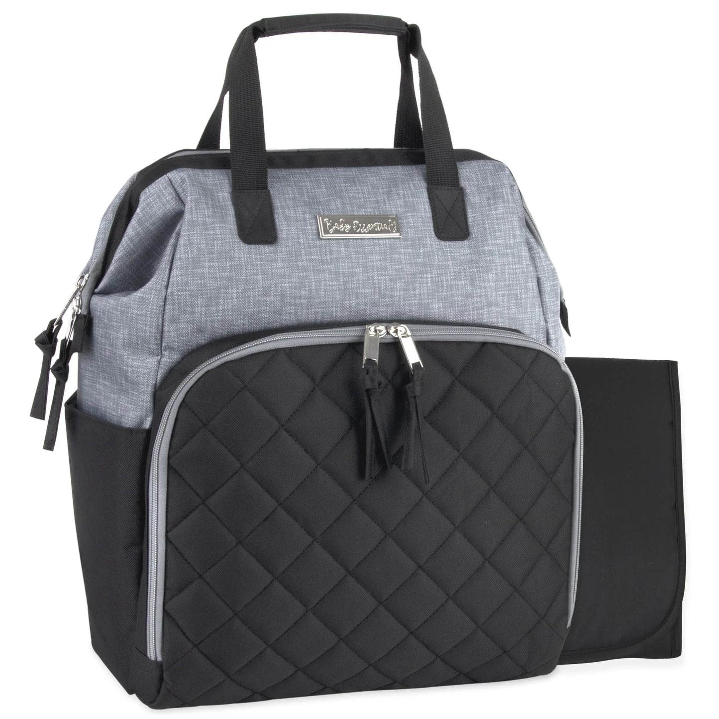 Super Cooler Main Frame Dual Zipper Closure Diaper Bag Backpack Tote with Matching 6-Ply Changing Pad, Insulated Bottle Pockets and Stroller Straps in Black & Gray