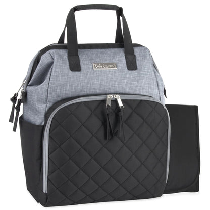 Super Cooler Main Frame Dual Zipper Closure Diaper Bag Backpack Tote with Matching 6-Ply Changing Pad, Insulated Bottle Pockets and Stroller Straps in Black & Gray