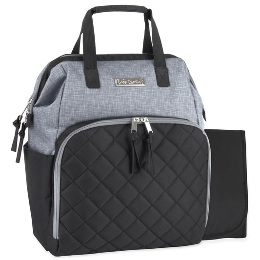 Super Cooler Main Frame Dual Zipper Closure Diaper Bag Backpack Tote with Matching 6-Ply Changing Pad, Insulated Bottle Pockets and Stroller Straps in Black & Gray