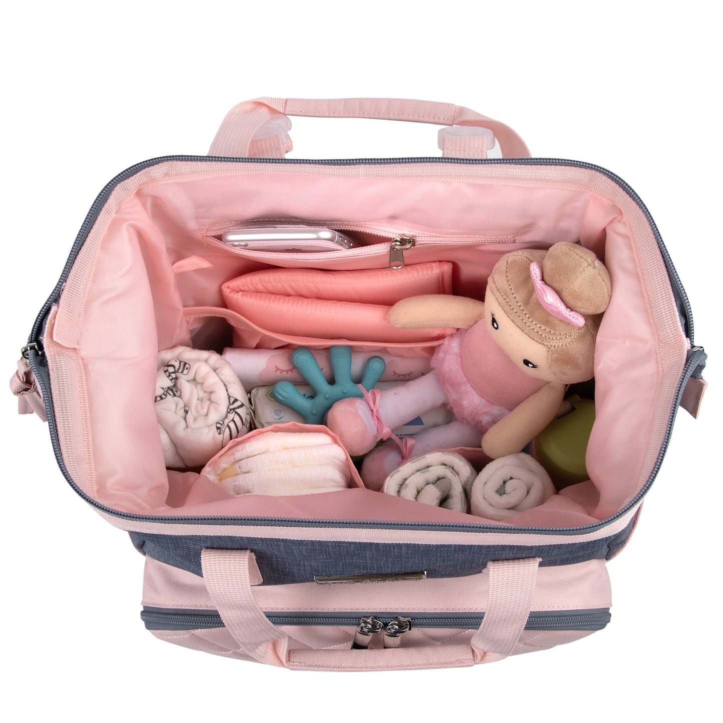 Super Cooler Main Frame Dual Zipper Closure Diaper Bag Backpack Tote with Matching 6-Ply Changing Pad, Insulated Bottle Pockets and Stroller Straps in Pink & Denim Blue