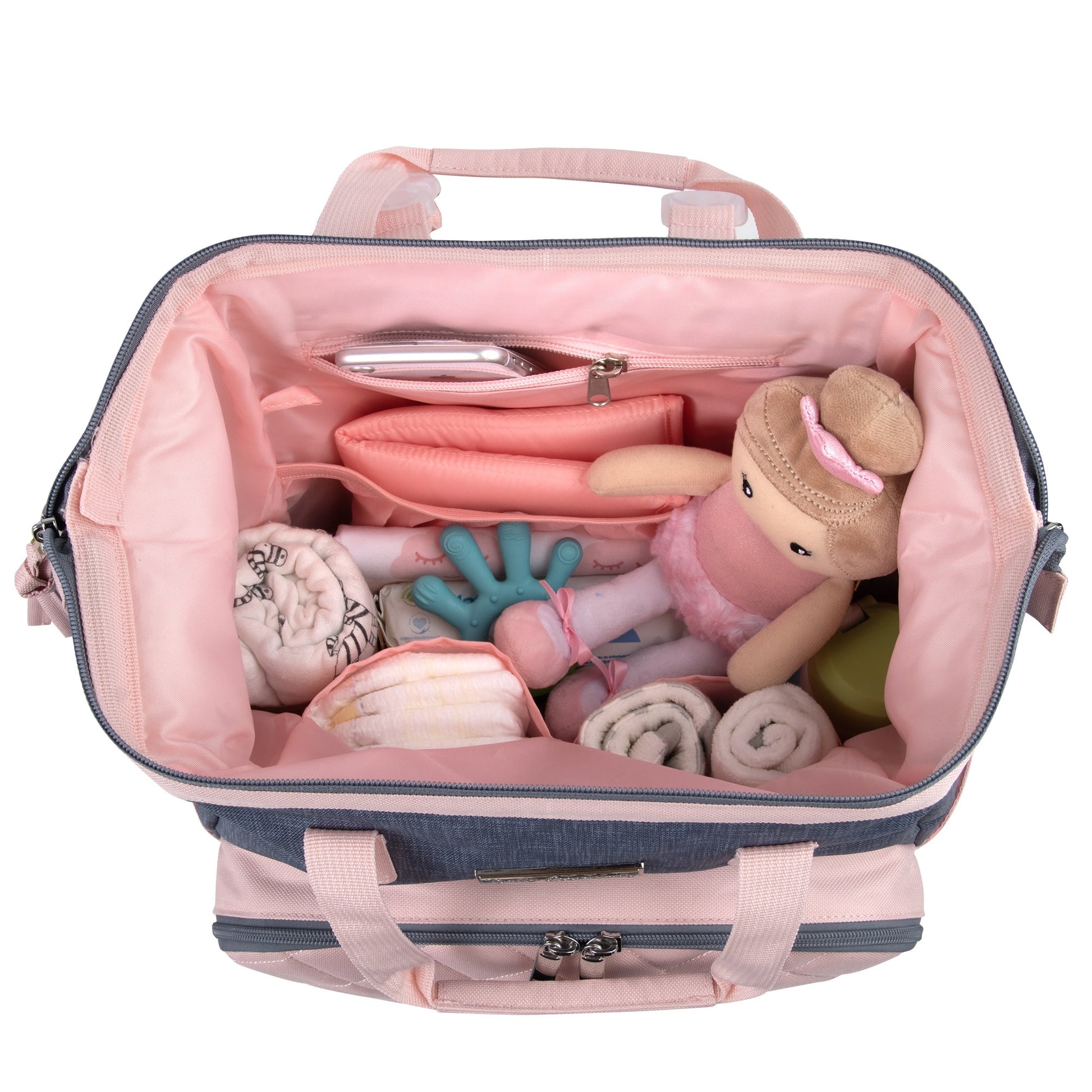 Super Cooler Main Frame Dual Zipper Closure Diaper Bag Backpack Tote with Matching 6-Ply Changing Pad, Insulated Bottle Pockets and Stroller Straps in Pink & Denim Blue