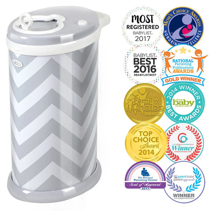 Stainless Steel Diaper Pail, Odor Locking, No Special Bag Required, Award-Winning, Registry Must-Have, Gray Chevron