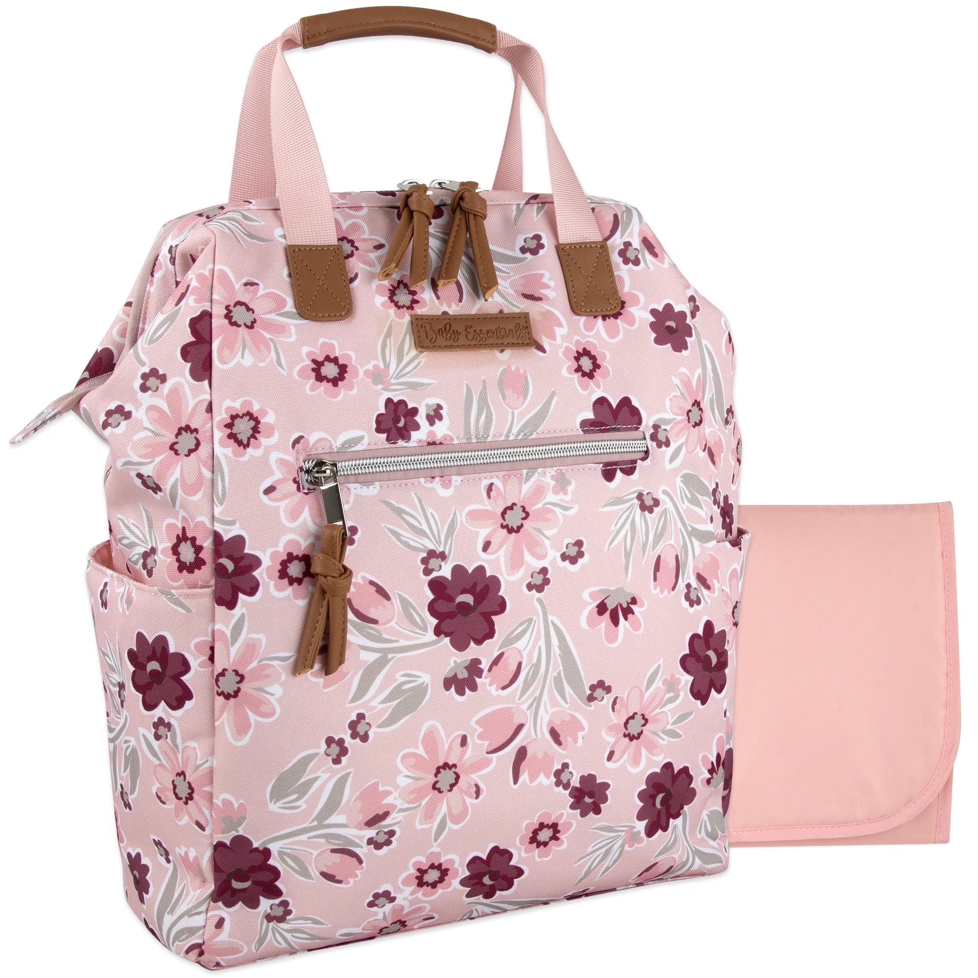 Super Cooler Main Frame Dual Zipper Closure Diaper Bag Backpack Tote with Matching 6-Ply Changing Pad, Insulated Bottle Pocket and Stroller Straps in Floral Rose