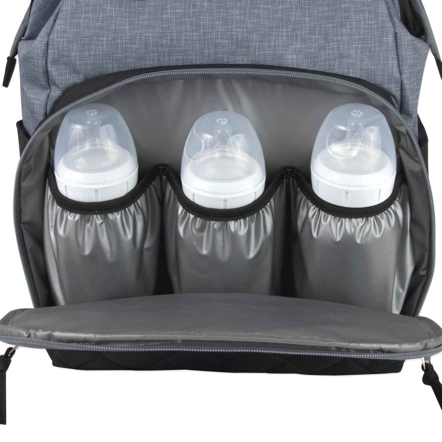 Super Cooler Main Frame Dual Zipper Closure Diaper Bag Backpack Tote with Matching 6-Ply Changing Pad, Insulated Bottle Pockets and Stroller Straps in Black & Gray