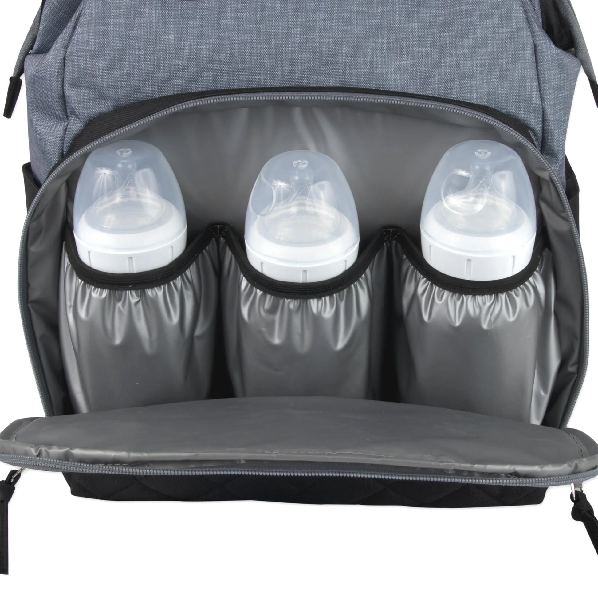 Super Cooler Main Frame Dual Zipper Closure Diaper Bag Backpack Tote with Matching 6-Ply Changing Pad, Insulated Bottle Pockets and Stroller Straps in Black & Gray