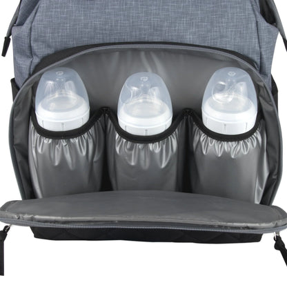 Super Cooler Main Frame Dual Zipper Closure Diaper Bag Backpack Tote with Matching 6-Ply Changing Pad, Insulated Bottle Pockets and Stroller Straps in Black & Gray