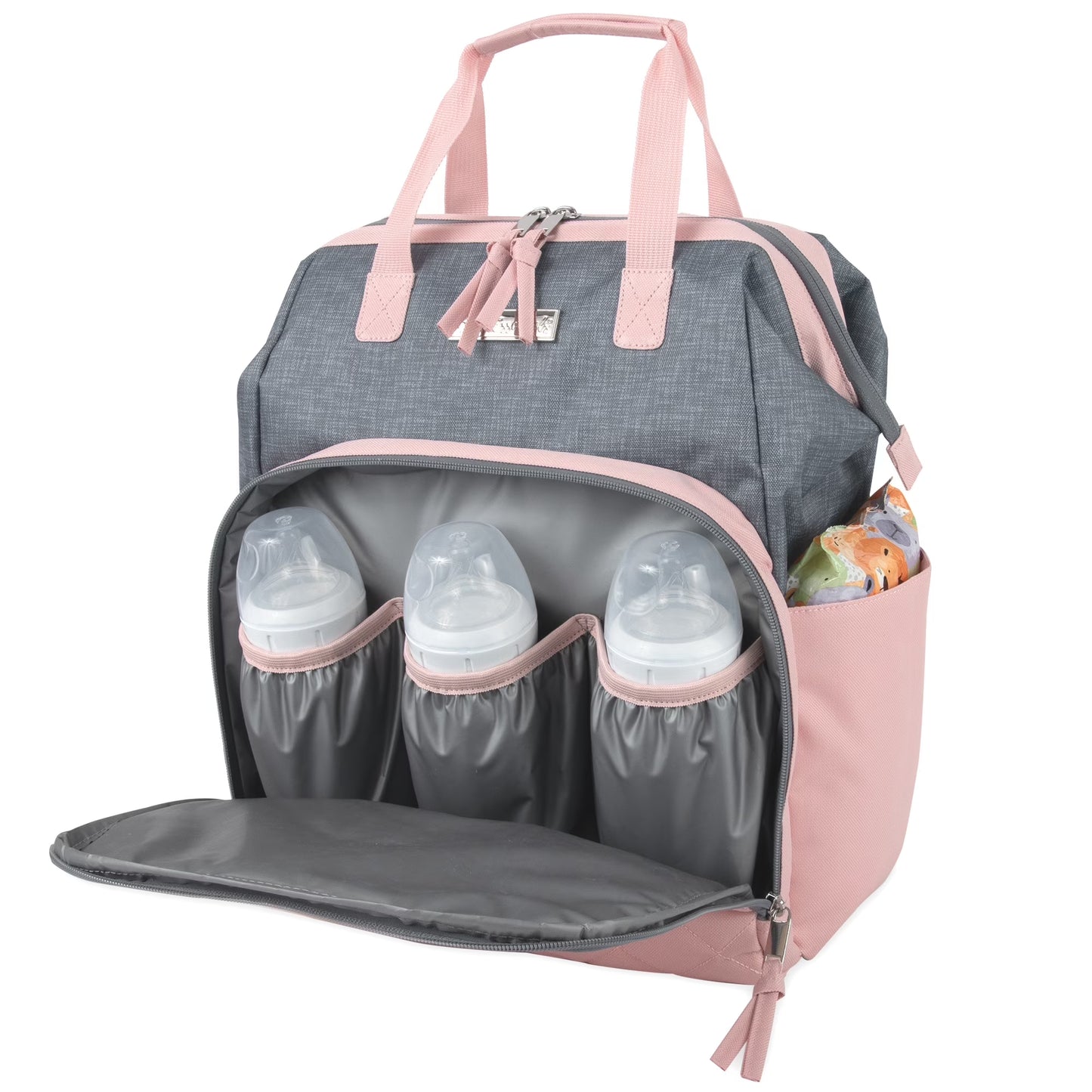 Super Cooler Main Frame Dual Zipper Closure Diaper Bag Backpack Tote with Matching 6-Ply Changing Pad, Insulated Bottle Pockets and Stroller Straps in Pink & Denim Blue