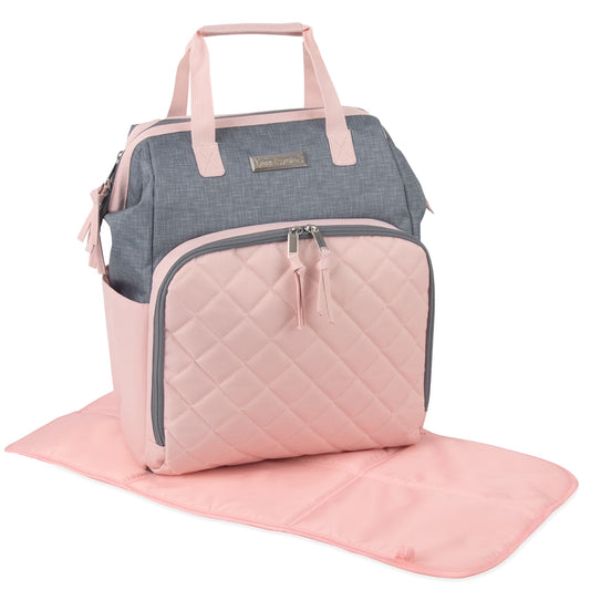 Super Cooler Main Frame Dual Zipper Closure Diaper Bag Backpack Tote with Matching 6-Ply Changing Pad, Insulated Bottle Pockets and Stroller Straps in Pink & Denim Blue