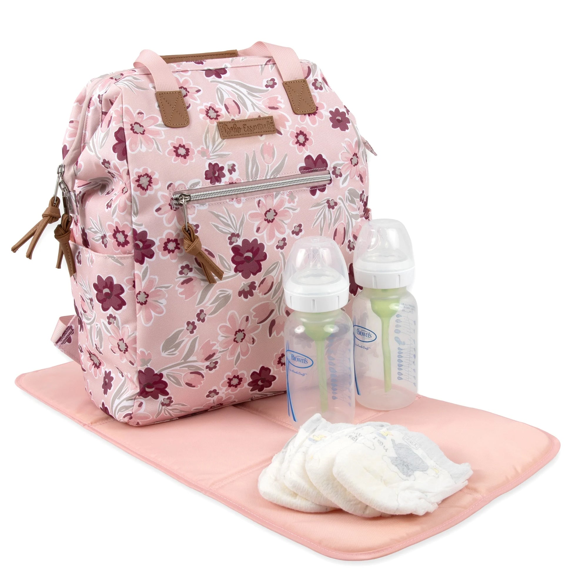 Super Cooler Main Frame Dual Zipper Closure Diaper Bag Backpack Tote with Matching 6-Ply Changing Pad, Insulated Bottle Pocket and Stroller Straps in Floral Rose