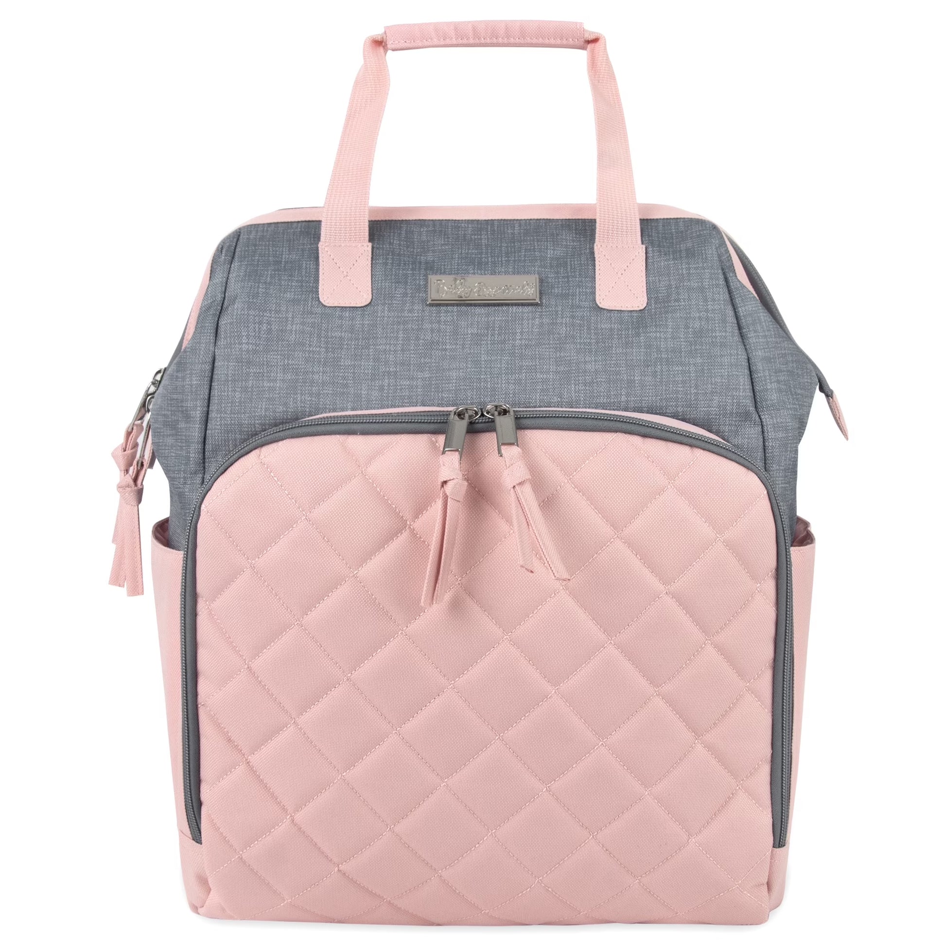Super Cooler Main Frame Dual Zipper Closure Diaper Bag Backpack Tote with Matching 6-Ply Changing Pad, Insulated Bottle Pockets and Stroller Straps in Pink & Denim Blue