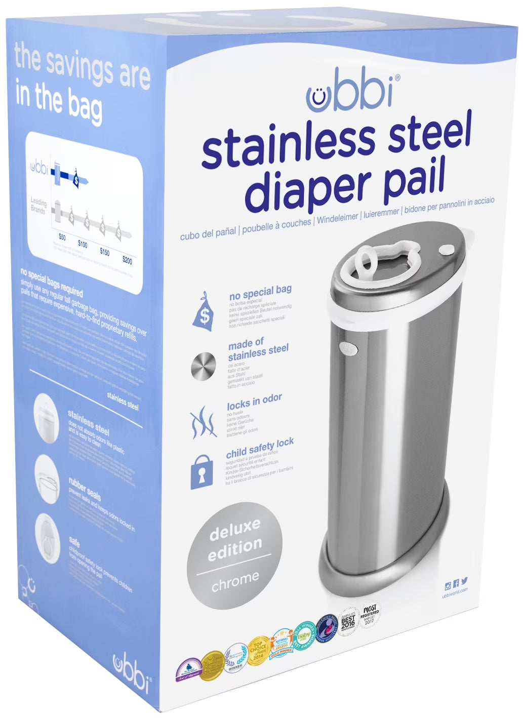 Stainless Steel Diaper Pail, Odor Locking, No Special Bag Required, Award-Winning, Registry Must-Have, Chrome