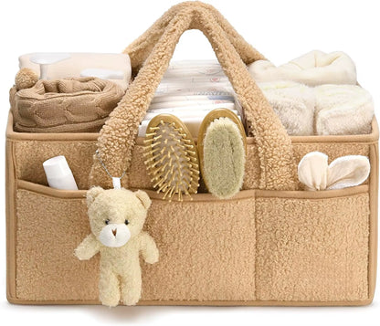 Baby Diaper Caddy Organizer for Changing Table, Plush Diaper Stackers & Caddies Diaper Bag with Teddy Bear,Diaper Storage Basket