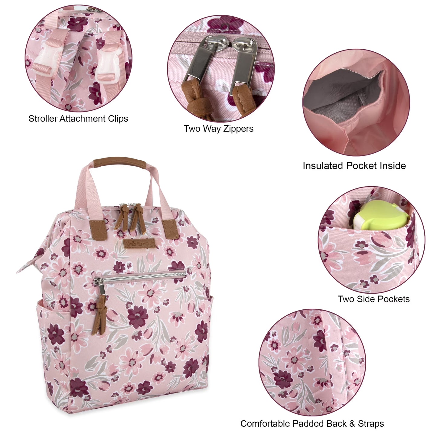 Super Cooler Main Frame Dual Zipper Closure Diaper Bag Backpack Tote with Matching 6-Ply Changing Pad, Insulated Bottle Pocket and Stroller Straps in Floral Rose
