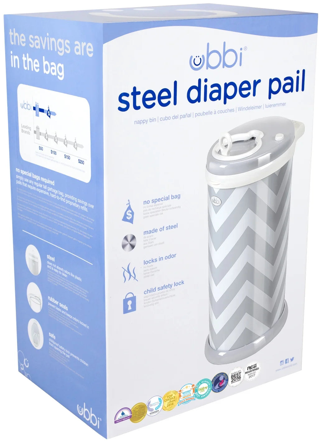 Stainless Steel Diaper Pail, Odor Locking, No Special Bag Required, Award-Winning, Registry Must-Have, Gray Chevron