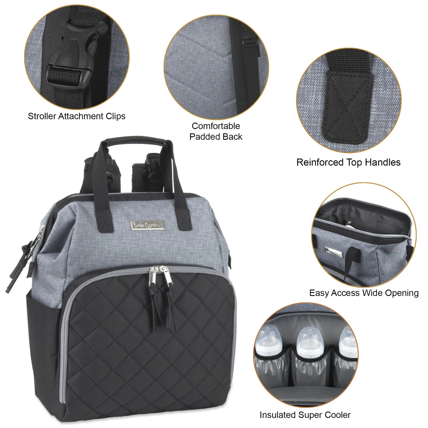 Super Cooler Main Frame Dual Zipper Closure Diaper Bag Backpack Tote with Matching 6-Ply Changing Pad, Insulated Bottle Pockets and Stroller Straps in Black & Gray