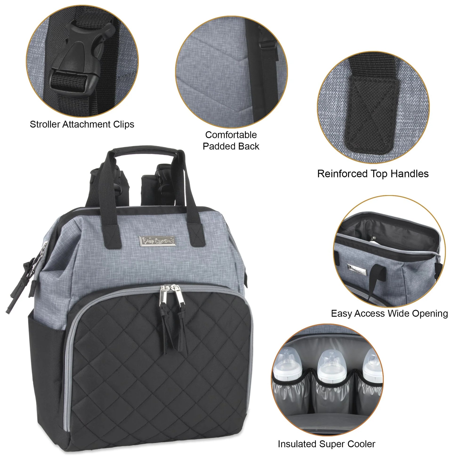 Super Cooler Main Frame Dual Zipper Closure Diaper Bag Backpack Tote with Matching 6-Ply Changing Pad, Insulated Bottle Pockets and Stroller Straps in Black & Gray