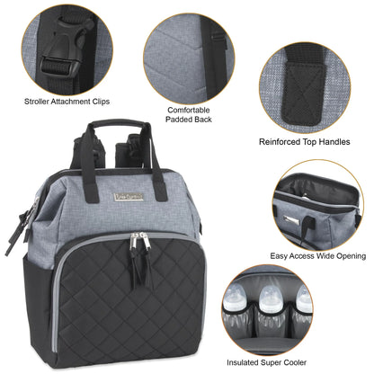 Super Cooler Main Frame Dual Zipper Closure Diaper Bag Backpack Tote with Matching 6-Ply Changing Pad, Insulated Bottle Pockets and Stroller Straps in Black & Gray