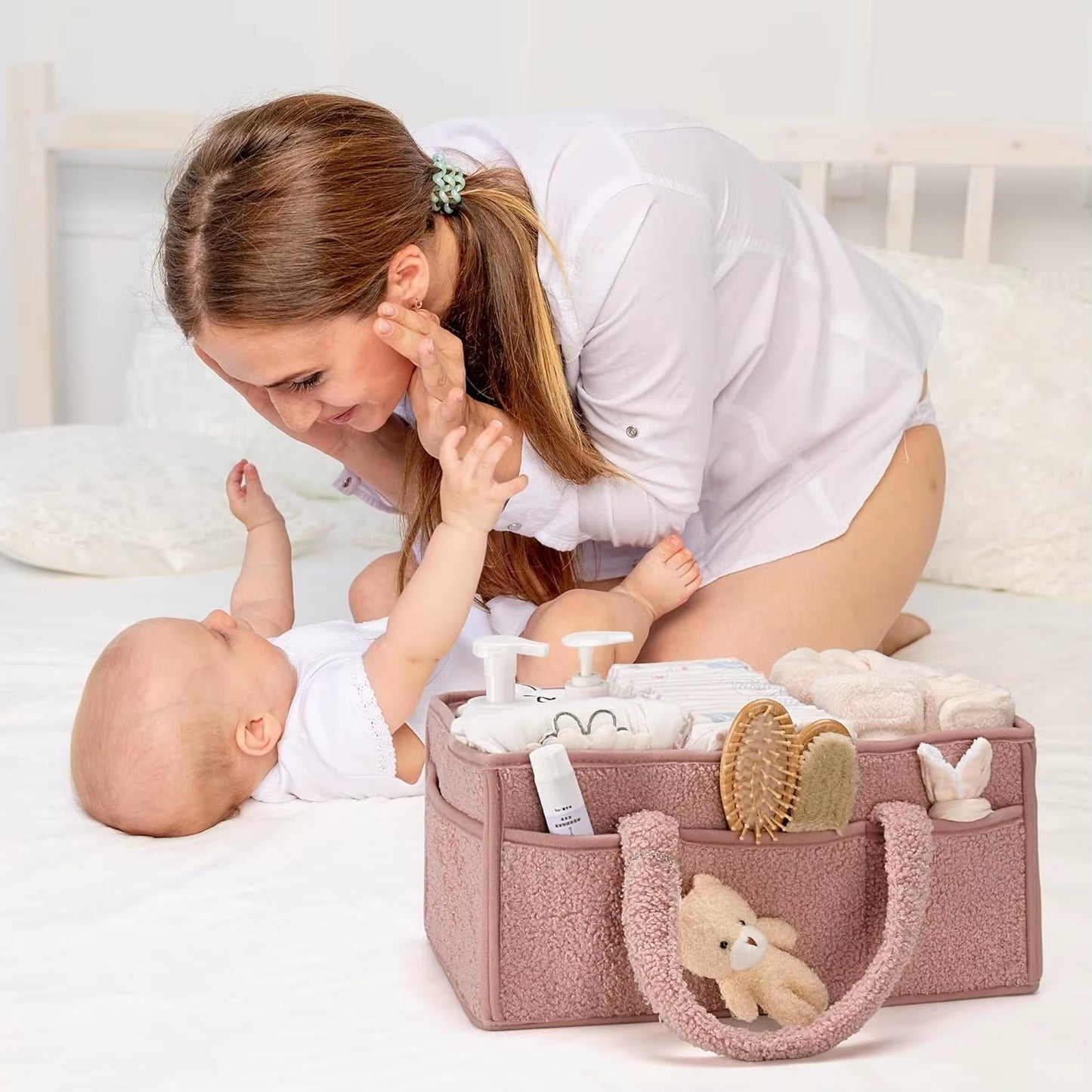 Baby Diaper Caddy Organizer for Changing Table, Plush Diaper Stackers & Caddies Diaper Bag with Teddy Bear,Diaper Storage Basket