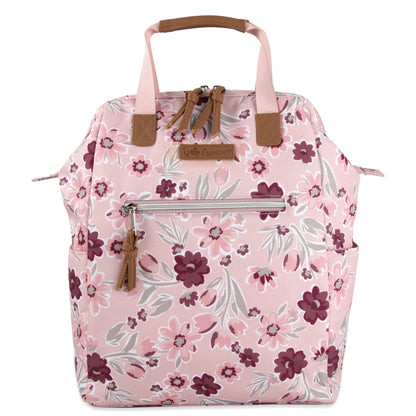 Super Cooler Main Frame Dual Zipper Closure Diaper Bag Backpack Tote with Matching 6-Ply Changing Pad, Insulated Bottle Pocket and Stroller Straps in Floral Rose