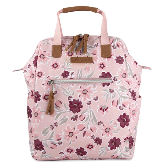 Super Cooler Main Frame Dual Zipper Closure Diaper Bag Backpack Tote with Matching 6-Ply Changing Pad, Insulated Bottle Pocket and Stroller Straps in Floral Rose